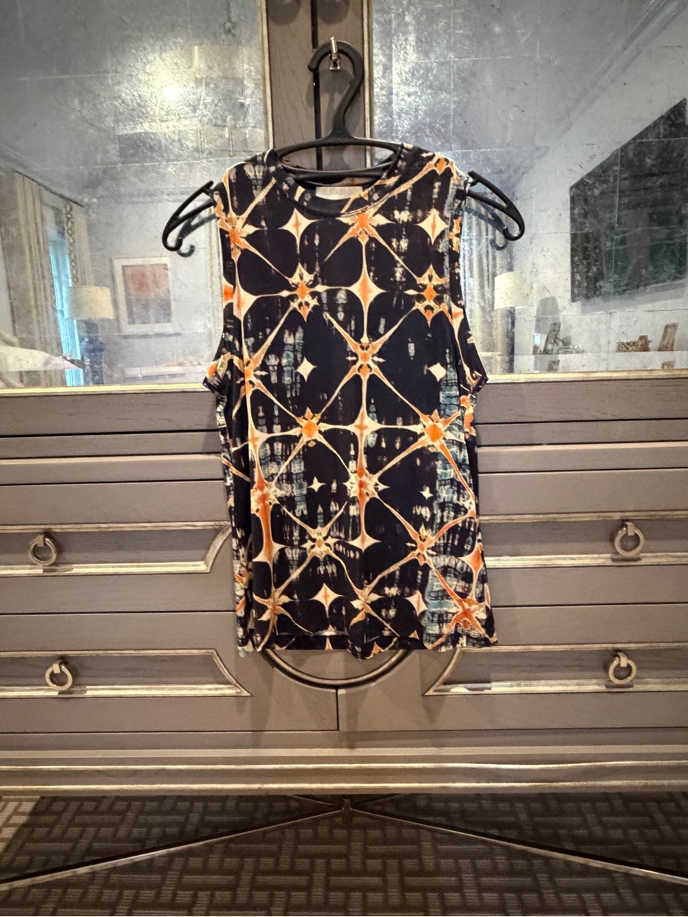 Ulla Johnson Navy Tank with Orange & Cream Starburst Tie-Dye Sz Petite